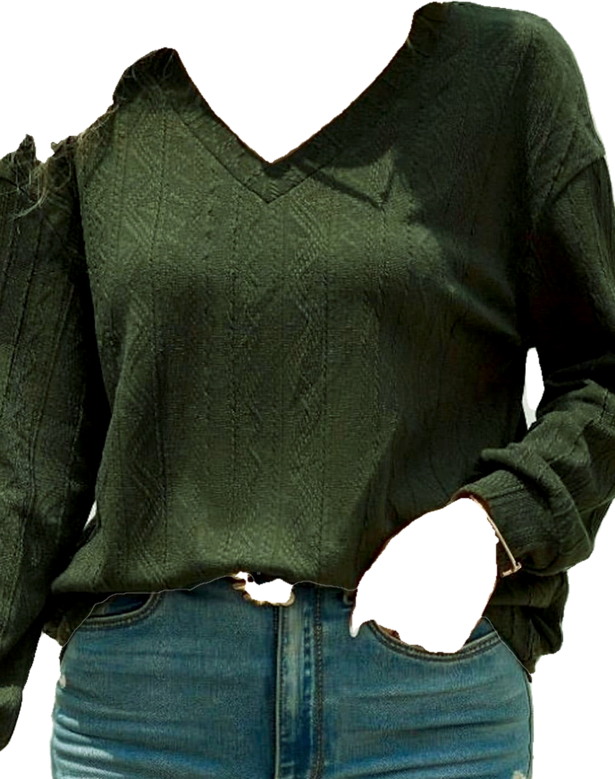Autumn Cross-Border Wholesale Fabric Drop-Shoulder Casual Long-Sleeve V-Neck Plus-Size Women's Retro Style Casual Versatile Jacquard (Preprocessed)