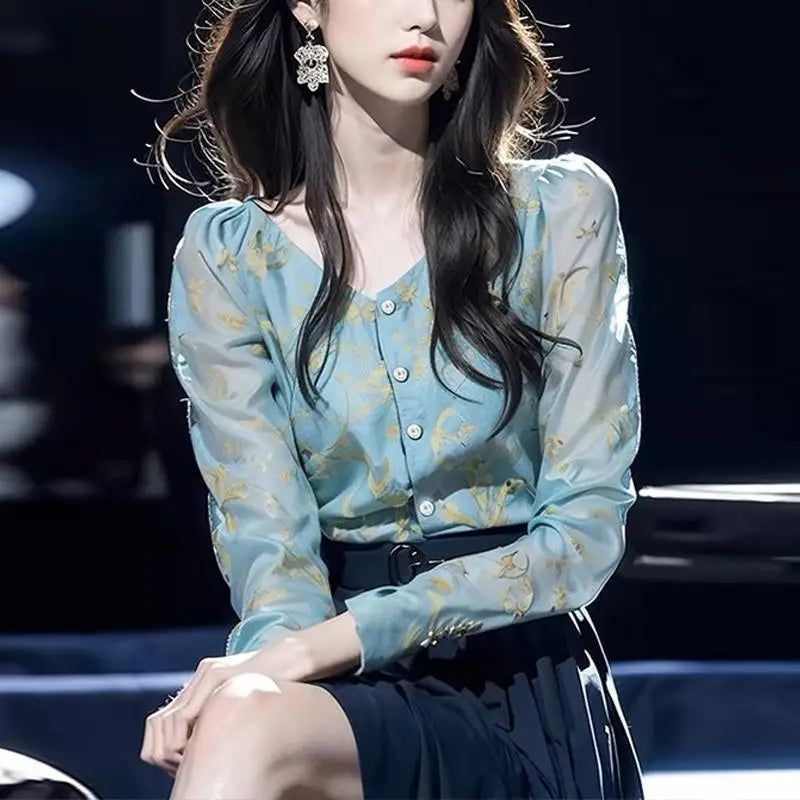 French Blue Printed Chiffon Blouse for Women Elegant and Beautiful New Autumn Long-sleeved Shirt with a Sense of Grade
