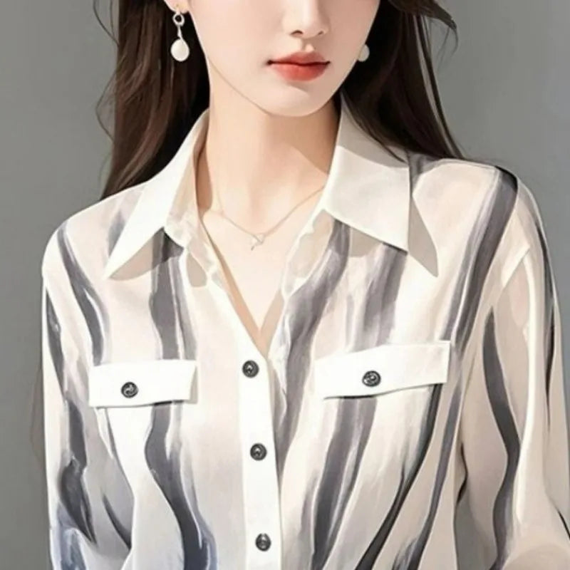 Women's Minimalist Style Striped Print Elegant Chic Blouse Office Lady Lapel Business Casual Shirt Spring Long Sleeve Slim Tops