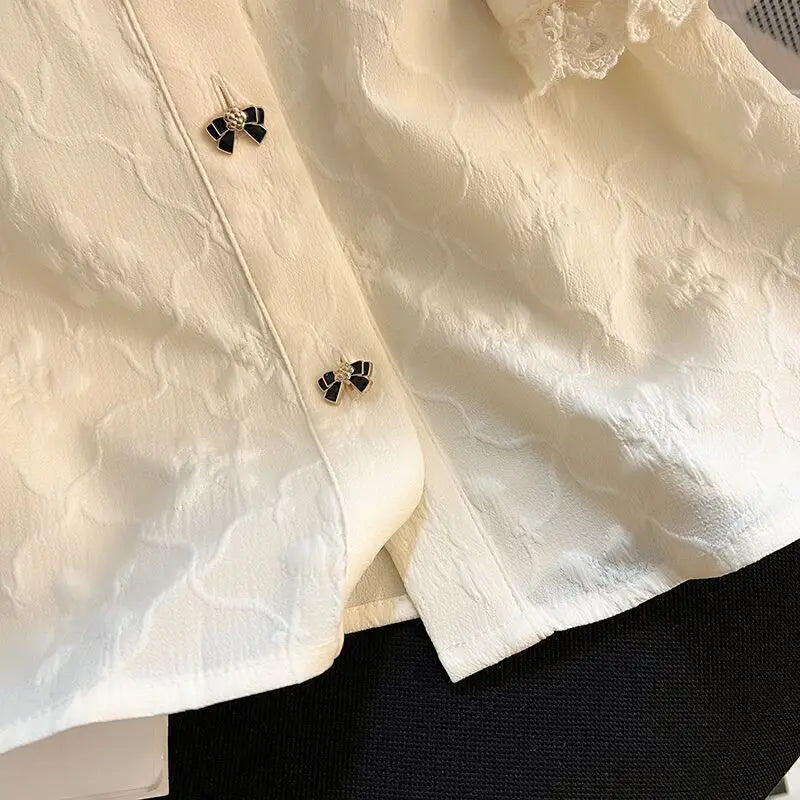 Peter Pan Collar Shirts Women Kawaii Lace Gentle Trendy French Style Mujer Blusas Summer New Design Elegant Puff Sleeve Clothes