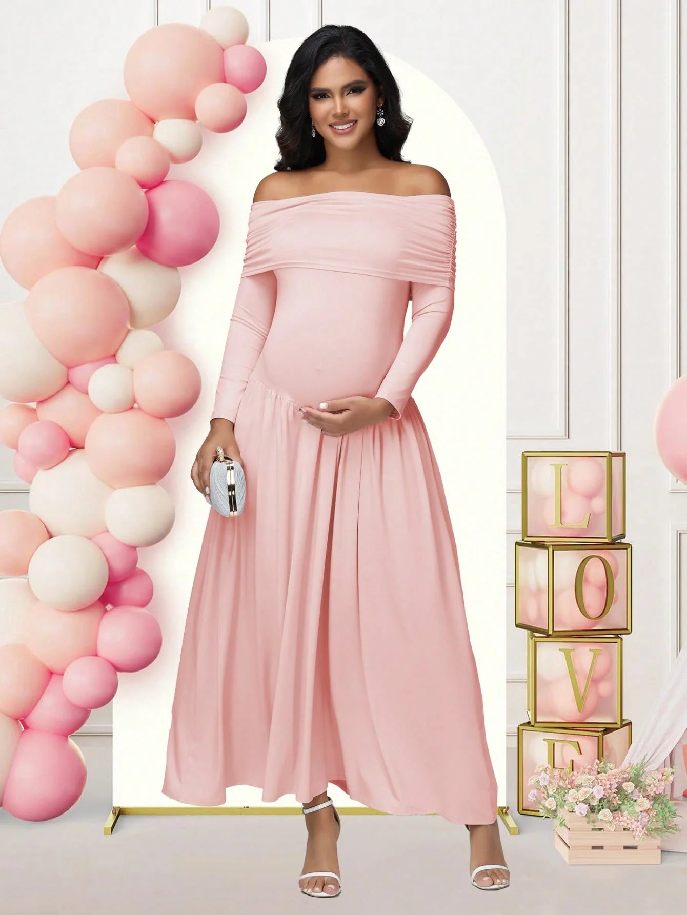 Maternity Elegant Photoshoot Dresses off Shoulder Long Sleeves Solid Pregnant Pleated Dress for Baby Shower