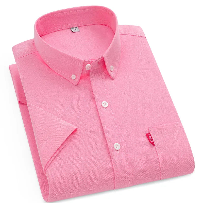 2025 New Men's Oxford Shirts Luxury Short Sleeve Summer Casual 100% Cotton High Quality Solid Color Business Social Yellow Tops