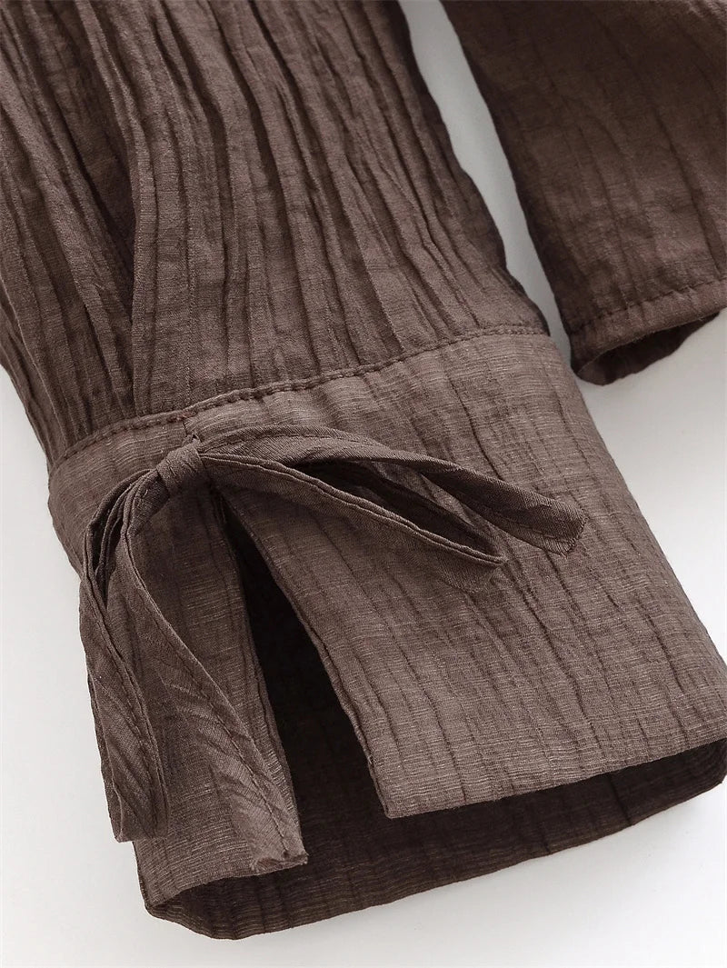 Women's Blouse New Summer 2025 Brown Long Sleeve Translucent Shirt Bow Decoration Sexy and Fashionable Personality and Versatile