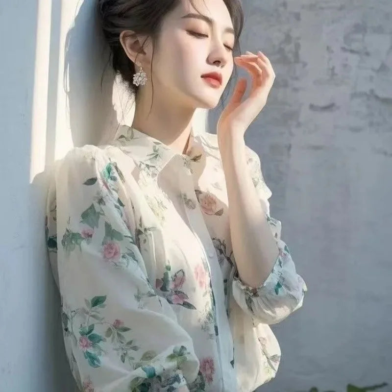 Elegant French-style beautiful purple floral chiffon blouse for women, 2025 blouse