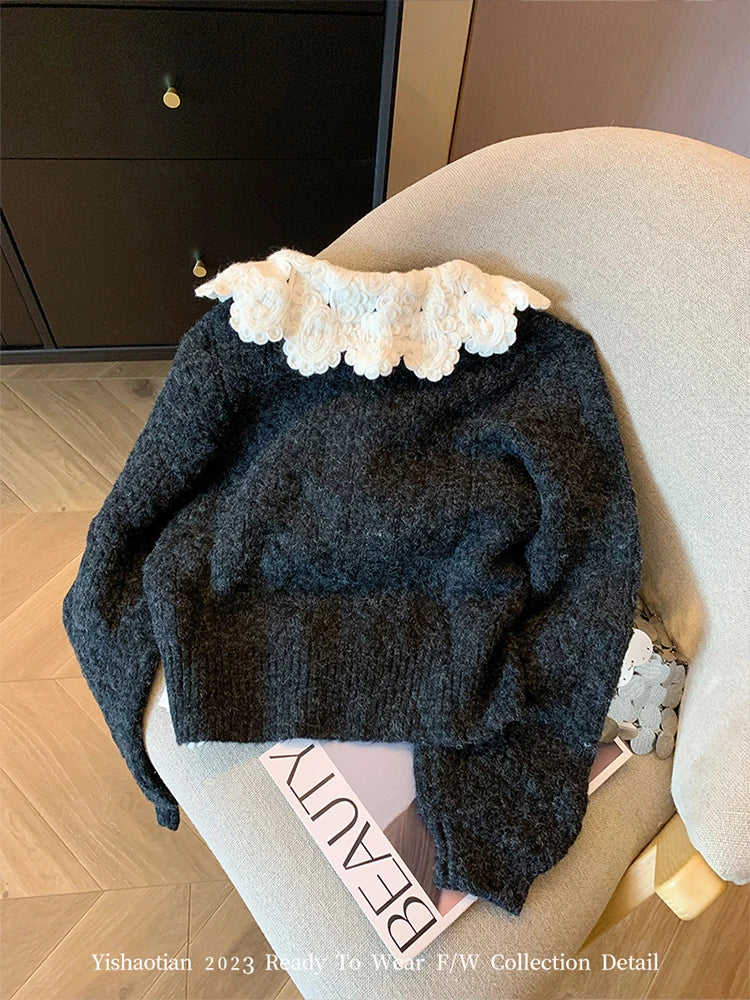 French Peter Pan Collar Luxury Cardigans Lace Up Slim Chic Women's New Knitwear 2023 Autumn Winter Streetwear Japanese Fashion