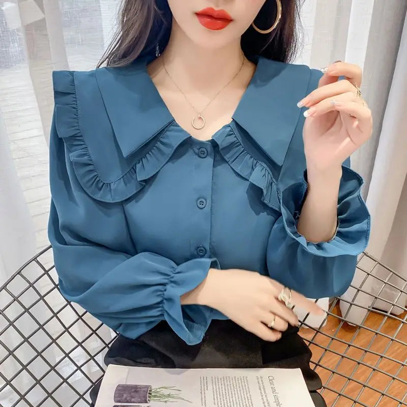 Fashion Peter Pan Collar Button Ruffles Chiffon Shirt Female Clothing 2022 Autumn New Oversized Casual Tops Loose Sweet Blouse