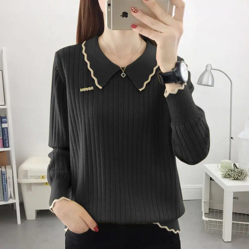 Fashion Peter Pan Collar Spliced All-match Knitted Blouse Women's Clothing 2022 Autumn New Loose Casual Pullovers Korean Shirt