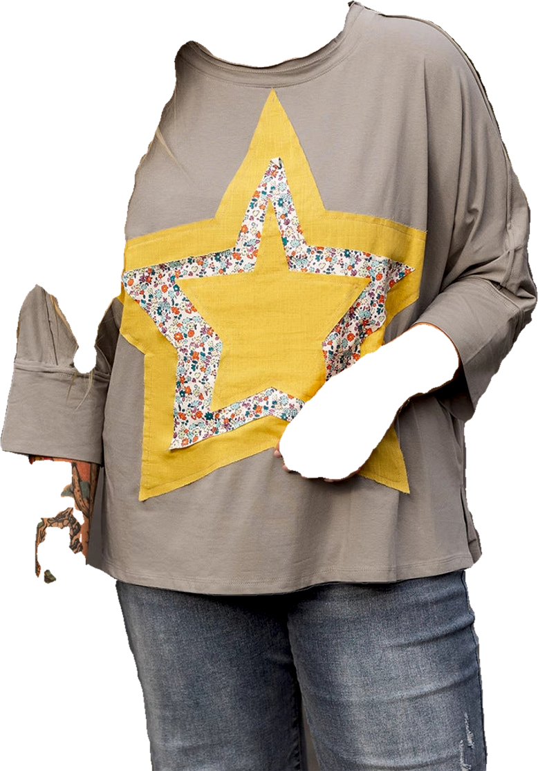 Shiying European and American Retro Washed Distressed Large Size T-Shirt Women's Autum New Star Patch Three-Quarter Sleeve Pullover Top (Preprocessed)