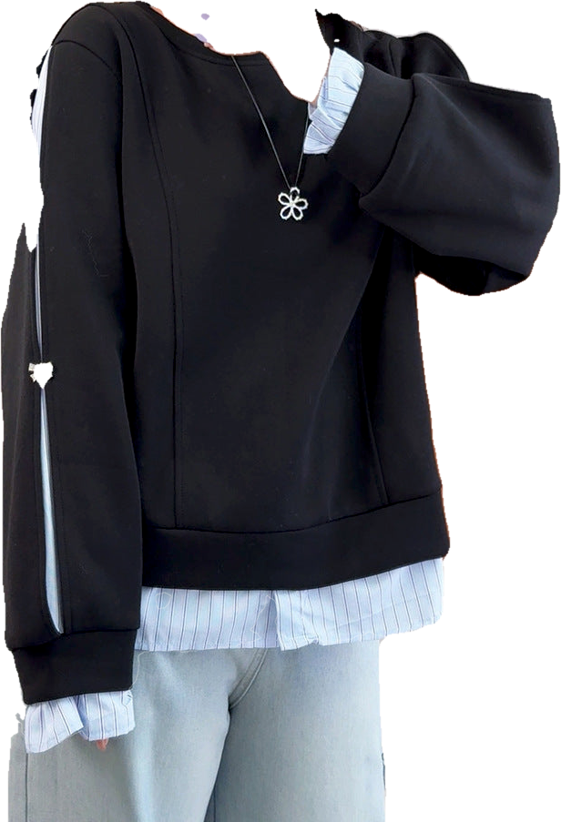 Shuangtian 2025 New Autumn Style Plus Size Fat mm Women's Design Splicing Fake Two-Piece Long-Sleeved Sweatshirt Tops for Women 9080 (Preprocessed)