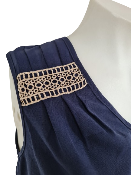 Dark Blue Sleeveless Cotton Top designed with lace woven strap patchwork and buttons