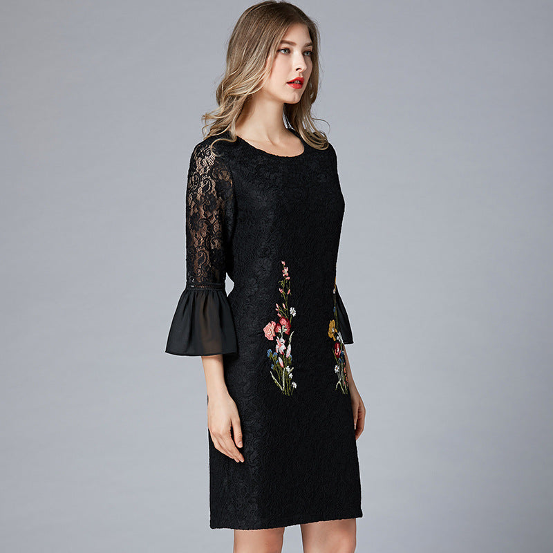 No Return, No Change Embroidered Dress European and American Court Style Lace Wrap Hip Large Size Women's Elegant Dress