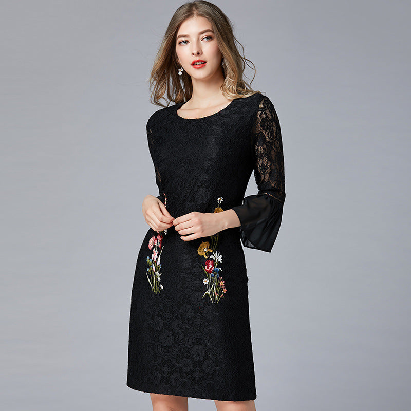 No Return, No Change Embroidered Dress European and American Court Style Lace Wrap Hip Large Size Women's Elegant Dress