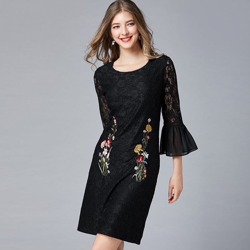No Return, No Change Embroidered Dress European and American Court Style Lace Wrap Hip Large Size Women's Elegant Dress