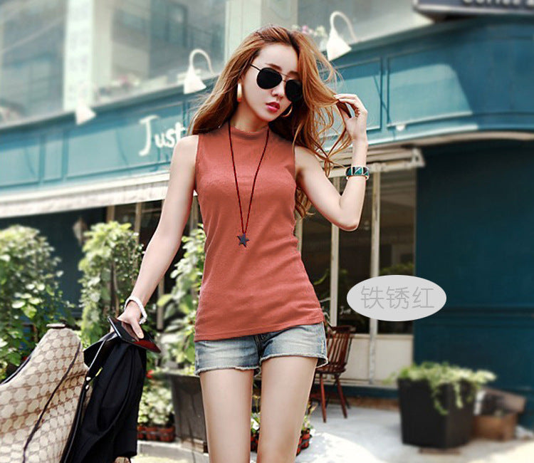 Autumn Women's Korean Style Half Turtleneck Sleeveless T-Shirt Women's Pure Color Pull-Up Cotton Bottoming Shirt with Vest Export Cross-Border