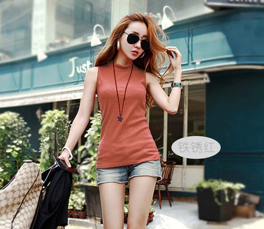 Autumn Women's Korean Style Half Turtleneck Sleeveless T-Shirt Women's Pure Color Pull-Up Cotton Bottoming Shirt with Vest Export Cross-Border