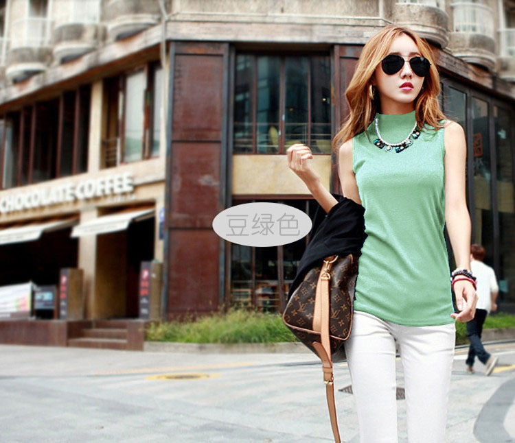 Autumn Women's Korean Style Half Turtleneck Sleeveless T-Shirt Women's Pure Color Pull-Up Cotton Bottoming Shirt with Vest Export Cross-Border