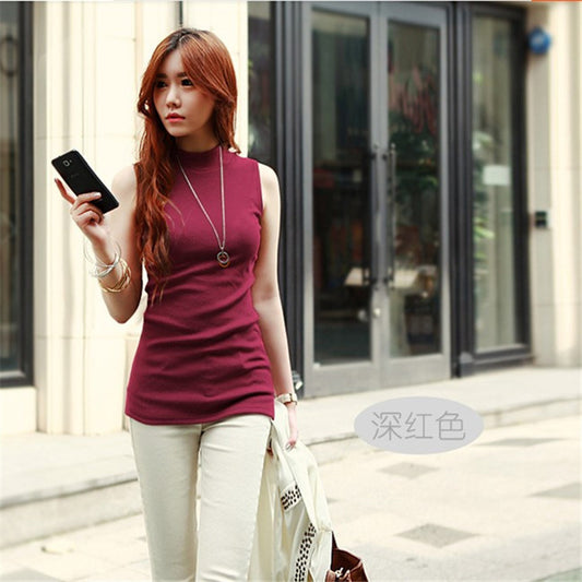 Autumn Women's Korean Style Half Turtleneck Sleeveless T-Shirt Women's Pure Color Pull-Up Cotton Bottoming Shirt with Vest Export Cross-Border