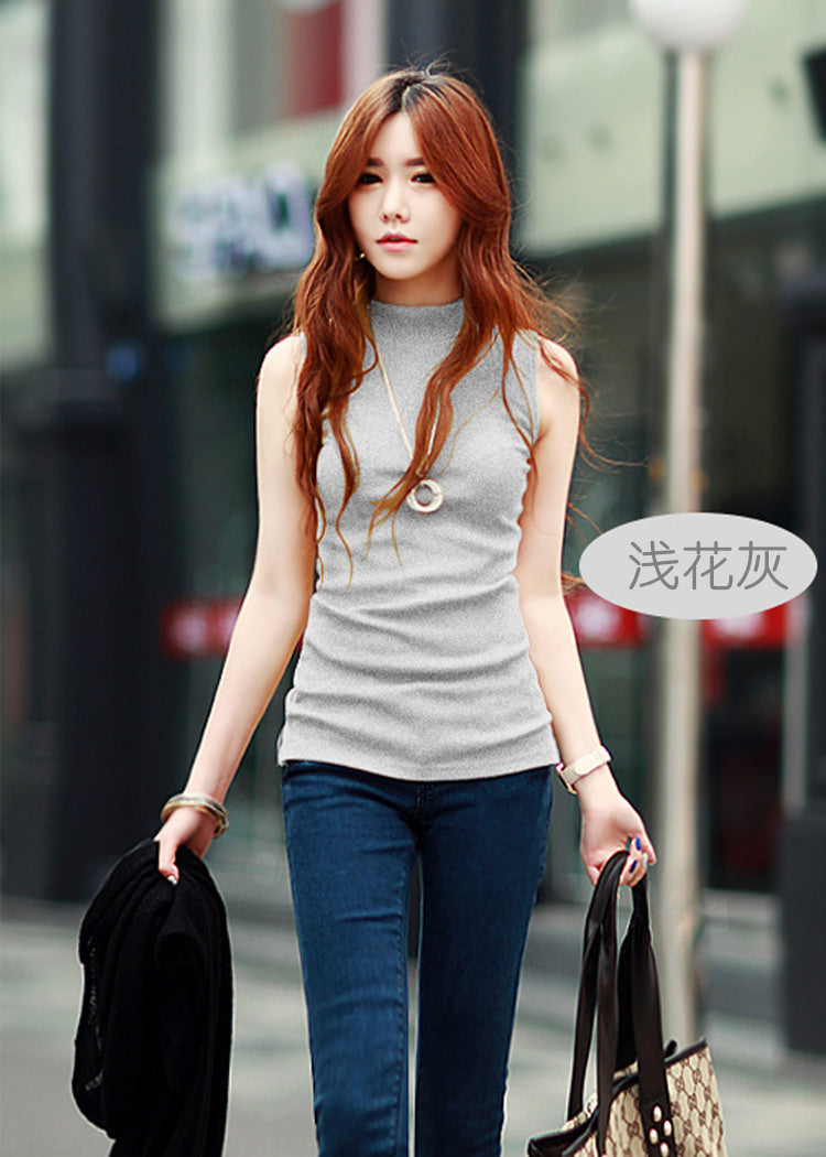 Autumn Women's Korean Style Half Turtleneck Sleeveless T-Shirt Women's Pure Color Pull-Up Cotton Bottoming Shirt with Vest Export Cross-Border