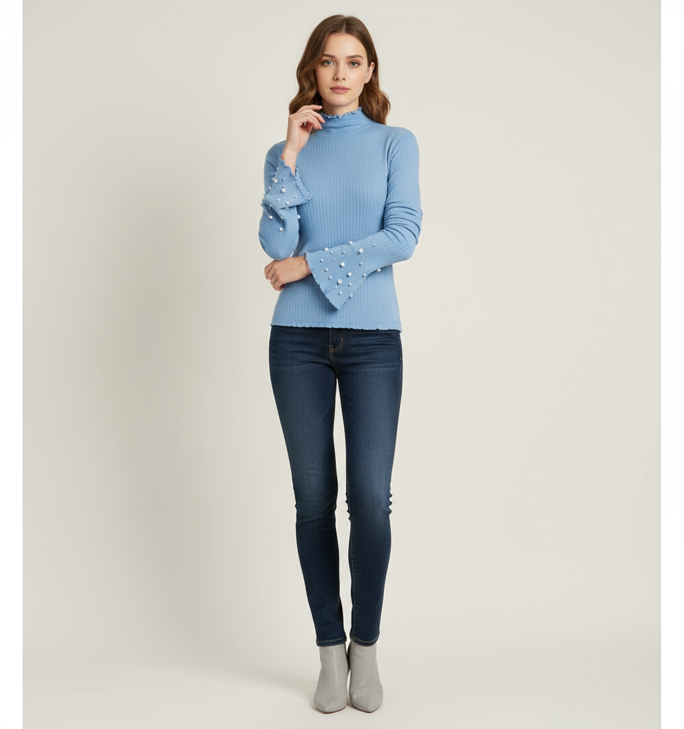 Comfortable Long Sleeve Stretchy Soft T‑Shirt with Exquisite Beading – Women's Casual Tee NZ | Strylez Virtual Try-On