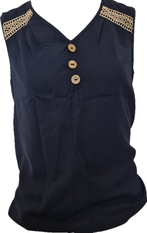 Dark Blue Sleeveless Cotton Top designed with lace woven strap patchwork and buttons