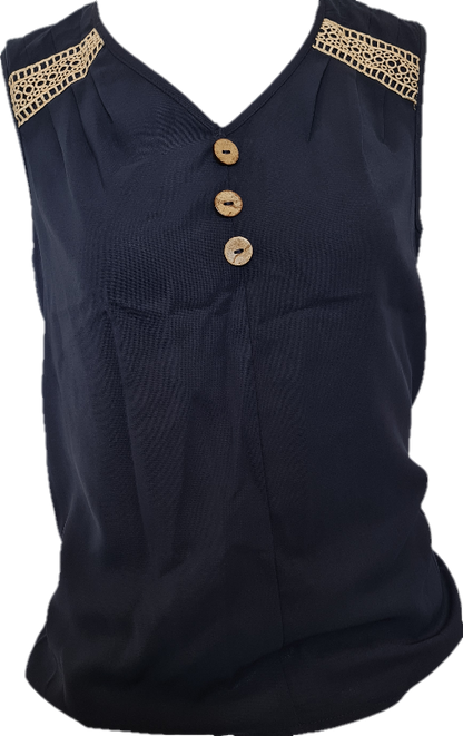 Dark Blue Sleeveless Cotton Top designed with lace woven strap patchwork and buttons