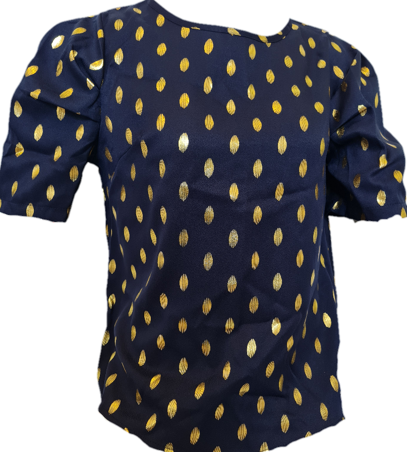 Golden Print Dark Blue Blouse with Puff Sleeves