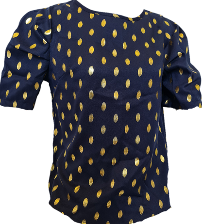 Golden Print Dark Blue Blouse with Puff Sleeves