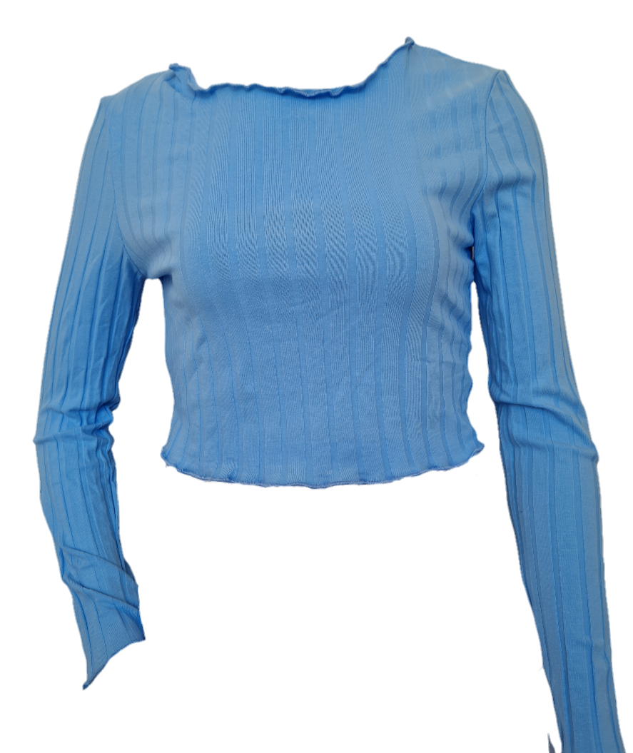 Light Blue Lettuce Trim Rib-knit Tee