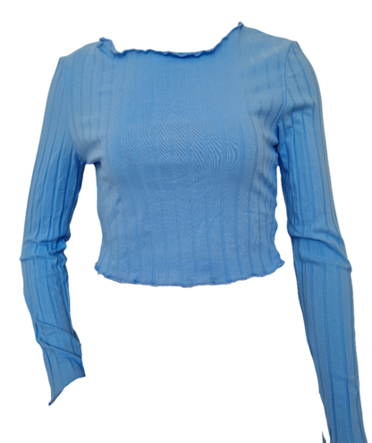 Light Blue Lettuce Trim Rib-knit Tee