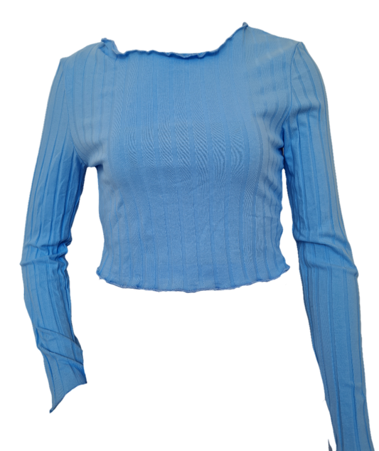 Light Blue Lettuce Trim Rib-knit Tee