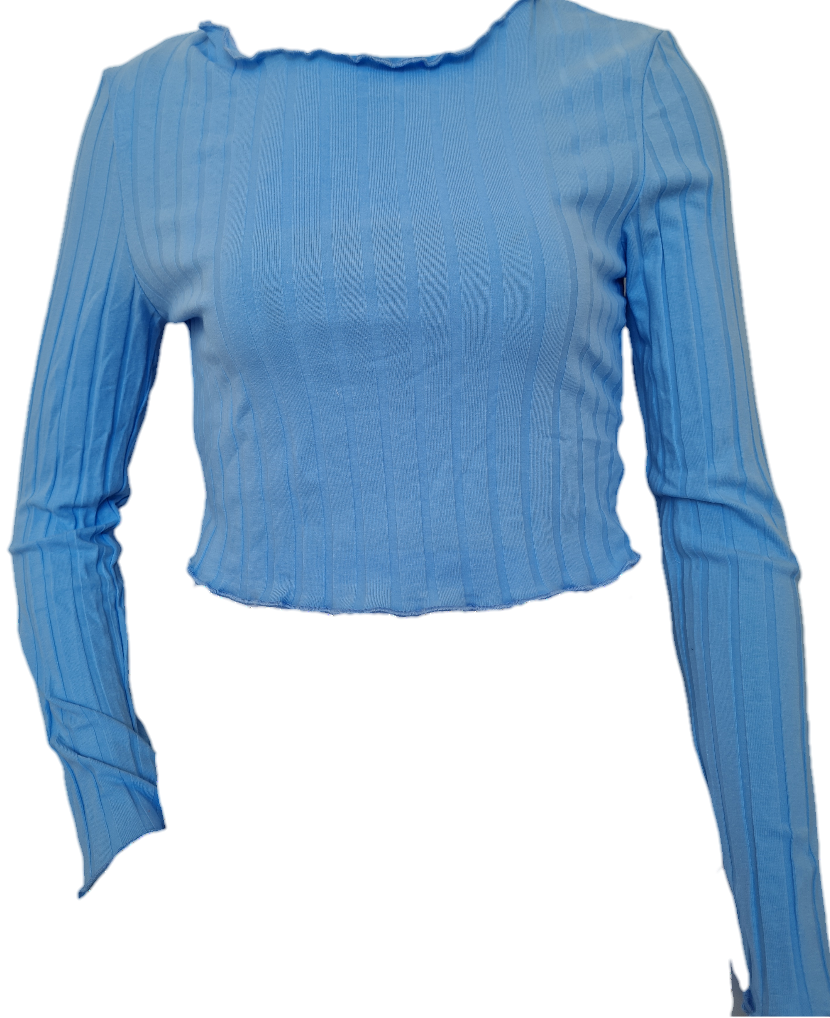 Light Blue Lettuce Trim Rib-knit Tee