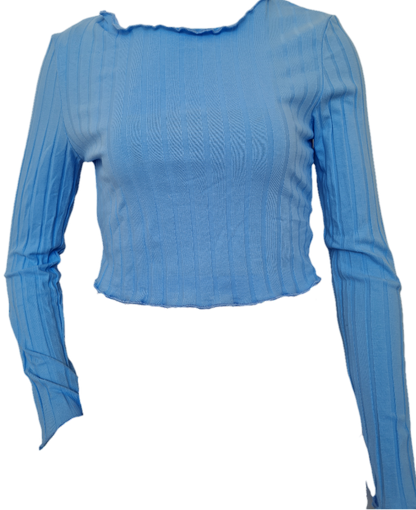 Light Blue Lettuce Trim Rib-knit Tee