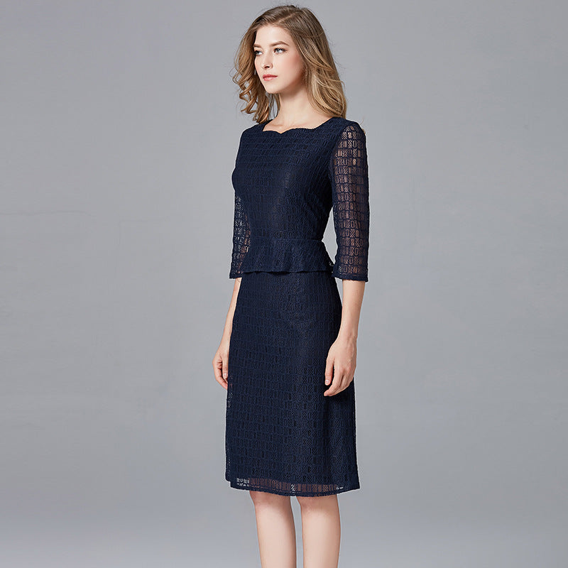 Clearance Large Size Women's Spring and Autumn Lace Dress European and American Round Neck Geometric Casual Fake Two-Piece Dress