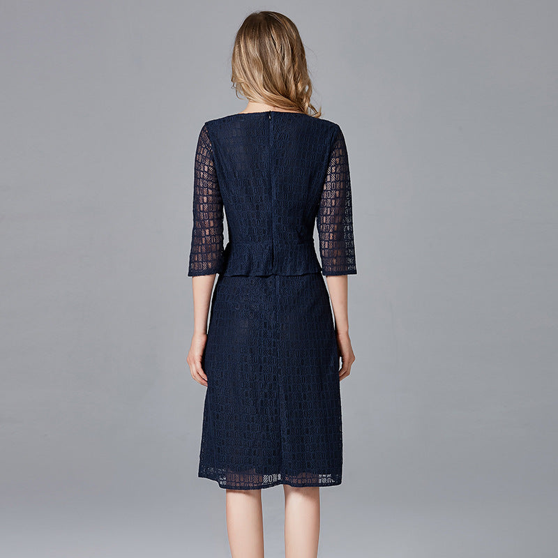 Clearance Large Size Women's Spring and Autumn Lace Dress European and American Round Neck Geometric Casual Fake Two-Piece Dress