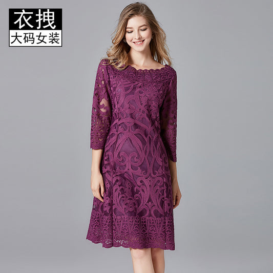 Heavy Embroidered Sequins Lace Dress Spring and Autumn New All-match Elegant Brand Casual Mother Large Size Loose Dress