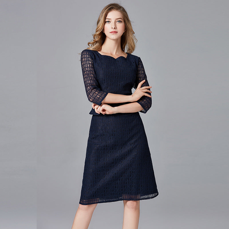 Clearance Large Size Women's Spring and Autumn Lace Dress European and American Round Neck Geometric Casual Fake Two-Piece Dress