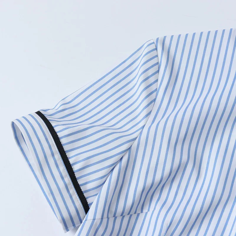 Elegant Blue Striped Slim Shirt Women | Short Sleeve Chiffon Blouse, Office Top - Women’s Tops NZ | Strylez Virtual Try-On