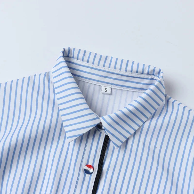 Elegant Blue Striped Slim Shirt Women | Short Sleeve Chiffon Blouse, Office Top - Women’s Tops NZ | Strylez Virtual Try-On
