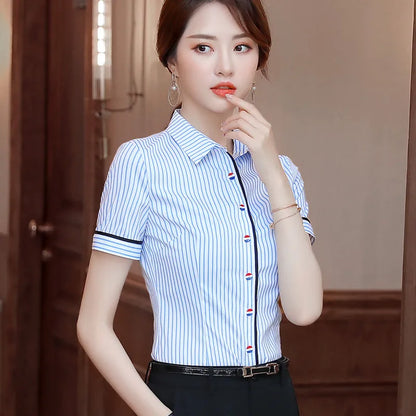 Elegant Blue Stripes Slim Shirt Women Blusas De Mujer Bonitas Y Baratas Short Sleeve Chiffon Blouse Office Ladies Tops
