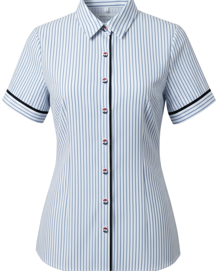 Elegant Blue Striped Slim Shirt Women | Short Sleeve Chiffon Blouse, Office Top - Women’s Tops NZ | Strylez Virtual Try-On
