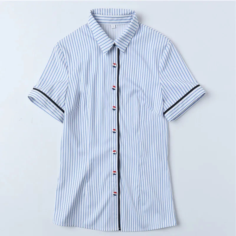 Elegant Blue Striped Slim Shirt Women | Short Sleeve Chiffon Blouse, Office Top - Women’s Tops NZ | Strylez Virtual Try-On