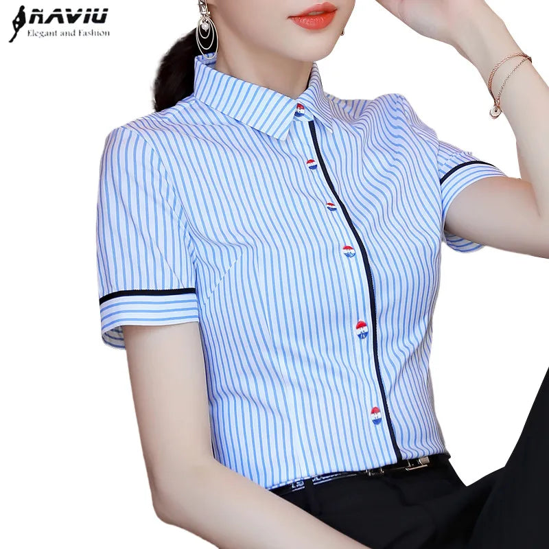 Elegant Blue Striped Slim Shirt Women | Short Sleeve Chiffon Blouse, Office Top - Women’s Tops NZ | Strylez Virtual Try-On