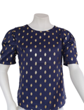 Golden Print Dark Blue Puff Sleeve Blouse for Women | New Zealand Strylez Virtual Try-On