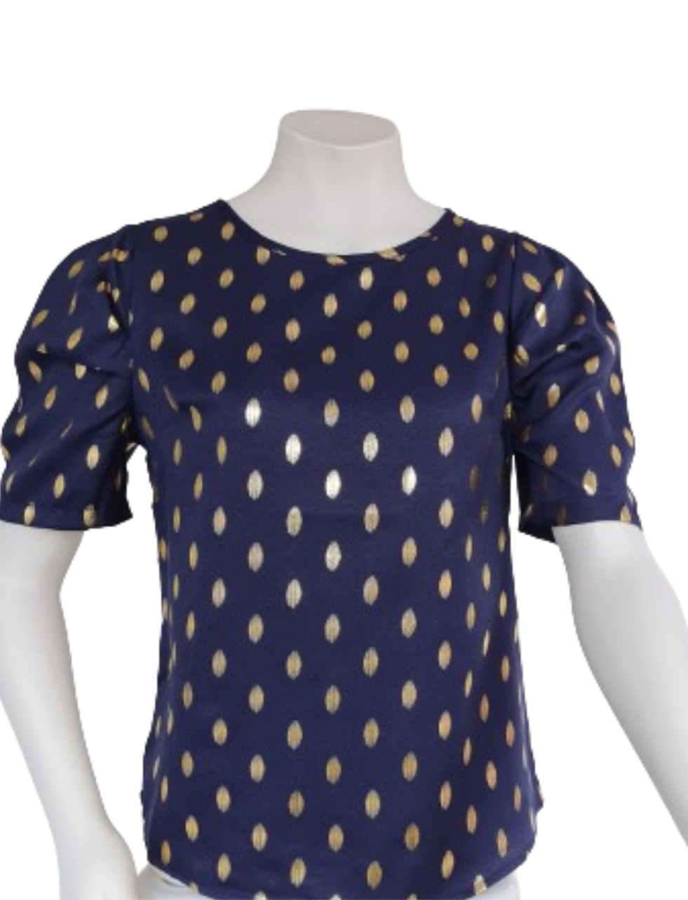 Golden Print Dark Blue Blouse with Puff Sleeves