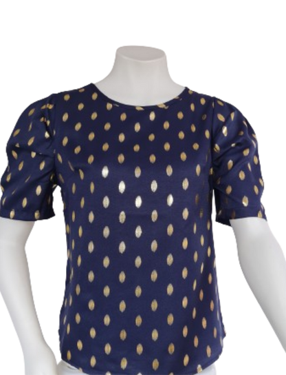 Golden Print Dark Blue Blouse with Puff Sleeves
