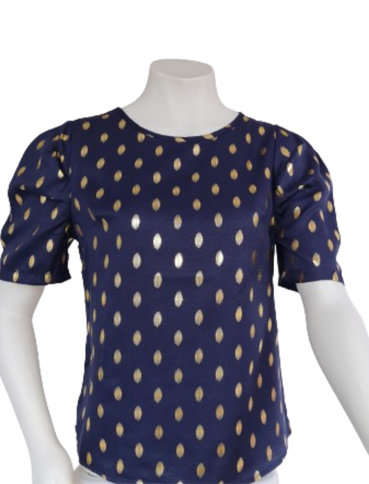 Golden Print Dark Blue Blouse with Puff Sleeves