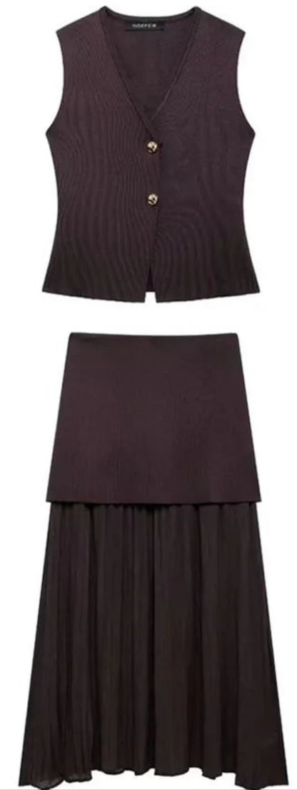 TRAFZA Women’s Chic 2-Piece V-Neck Vest & High-Waist Zipper Skirt Set