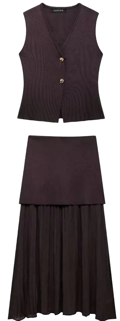 TRAFZA Women’s Chic 2-Piece V-Neck Vest & High-Waist Zipper Skirt Set