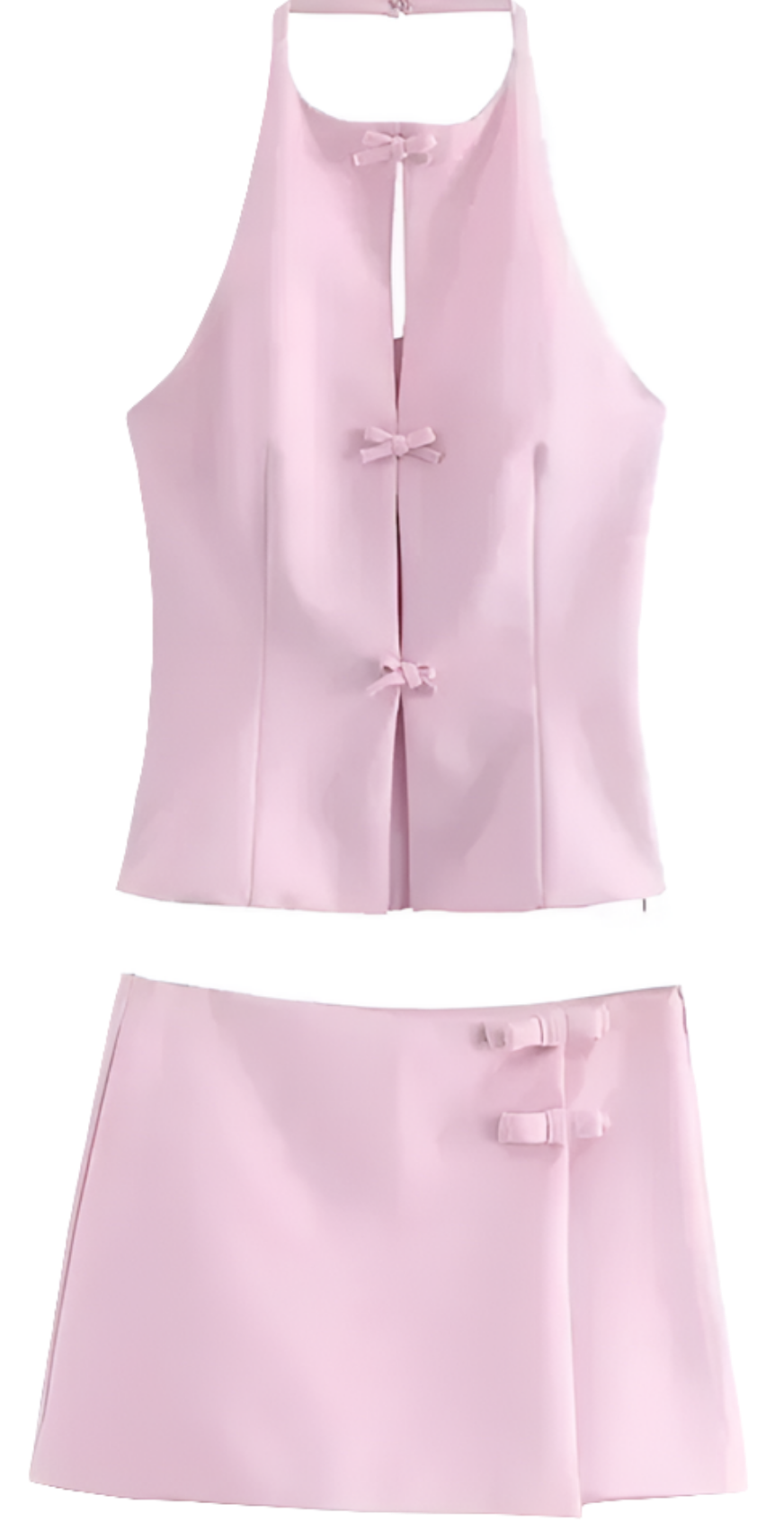 Pink Bow Halter Crop Top and Asymmetrical Shorts Set