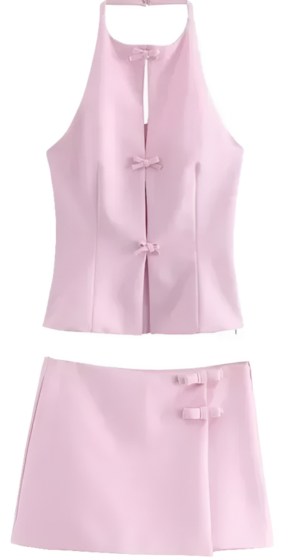 Pink Bow Halter Crop Top and Asymmetrical Shorts Set